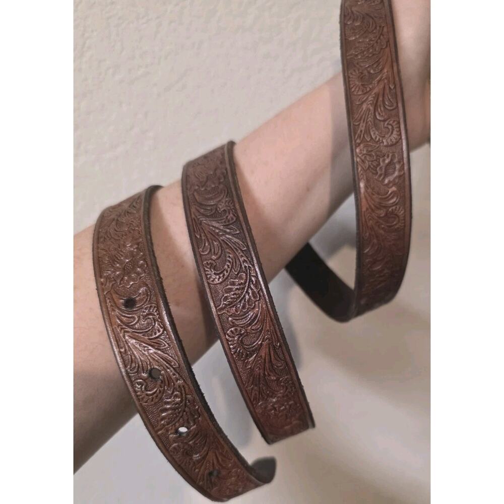 vintage TOOLED buckle belt WESTERN leather 46 brown COWHIDE floral cowboy rodeo